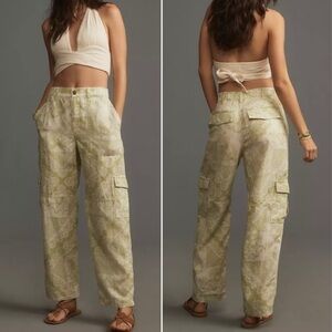Anthropologie Pilcro Linen Blend Women's Green Printed Wide Leg Cargo Pants